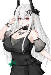 Rule 34 | 1girl, absurdres, arknights, black dress, breasts, cleavage, cross, cross necklace, dress, flower, highres, horns, infection monitor (arknights), jewelry, large breasts, long hair, mudrock (arknights), mudrock (obsidian) (arknights), necklace, pointy ears, rain (rain8649), red eyes, white background, white hair