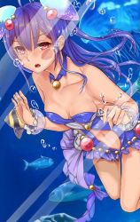Rule 34 | 1girl, against glass, ahoge, air bubble, blue hair, blue one-piece swimsuit, breasts, bubble, cheek squash, cleavage, clothing cutout, detached collar, fish, glass, hair ornament, highres, jellyfish, kevin5566c, long hair, looking at viewer, navel, navel cutout, noa (shironeko project), one-piece swimsuit, open mouth, red eyes, shironeko project, small breasts, solo, strapless, swimsuit