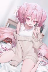 Rule 34 | 1girl, :d, ahoge, blanket, bow, calendar (object), character request, chips (food), food, hand up, highres, long hair, off-shoulder sweater, off shoulder, on bed, open mouth, p00nipooni, pink blanket, pink bow, pink eyes, pink hair, potato chips, short twintails, sitting, smile, solo, sports bra, sweater, table, twintails, very long hair, wariza, white sports bra