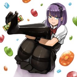 Rule 34 | 10s, 1girl, absurdres, ass, black pantyhose, blouse, blue eyes, candy, crotch seam, dagashi kashi, dress, feet, feet on toy, food, holding with feet, full body, hairband, highres, hugging own legs, knees to chest, looking at viewer, no shoes, panties, panties under pantyhose, pantyhose, purple hair, shidare hotaru, shirt, sitting, smile, soles, solo, thighband pantyhose, toes, umaibou, underwear, white panties, white shirt, yomu (sgt epper)