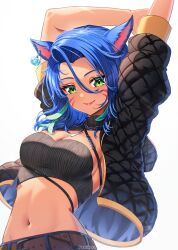 Rule 34 | 1girl, animal ears, arms up, belt, black jacket, blue hair, breasts, brown belt, cat ears, character request, cleavage, commentary, crop top, facial mark, final fantasy, final fantasy xiv, green eyes, hair between eyes, highres, jacket, looking at viewer, medium breasts, medium hair, midriff, miqo&#039;te, navel, open clothes, open jacket, pattikou, pink lips, short sleeves, smile, solo, stomach, upper body, whisker markings