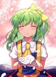 Rule 34 | 1girl, ascot, blouse, blue dress, blush, bow, cherry blossoms, closed eyes, collared shirt, commentary request, cookie (touhou), daiyousei, diyusi (cookie), dress, green hair, hair bow, high-visibility vest, medium hair, open mouth, pinafore dress, ponytail, shirt, sleeveless dress, solo, touhou, traffic baton, upper body, white shirt, xox xxxxxx, yellow ascot, yellow bow