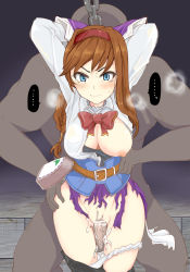 Rule 34 | ..., 1boy, 1girl, angry, arms up, bar censor, belt, blue eyes, blush, bow, bowtie, braid, breasts, brown hair, censored, chain, closed mouth, collared shirt, cum, faceless, faceless male, hairband, hetero, highres, looking at viewer, medium breasts, mos yen, nipples, one breast out, panties, penis, purple skirt, pussy, rape, sex, shirt, skirt, spoken ellipsis, tears, torn clothes, torn skirt, underwear, vaginal, virginia maxwell, white panties, wild arms, wild arms 3
