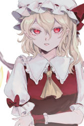 Rule 34 | 1girl, ascot, blonde hair, bow, collar, flandre scarlet, frilled collar, frills, hair between eyes, hat, hat bow, long hair, looking at viewer, mob cap, parted lips, plumapple3, pointy ears, red bow, red eyes, red shirt, shirt, short sleeves, simple background, sketch, solo, touhou, upper body, white background, white hat, yellow ascot