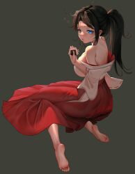 Rule 34 | 1girl, absurdres, back, bare shoulders, barefoot, black hair, blue eyes, breasts, bubble, eating, feet, food, from behind, hair intakes, hakama, hangover, highres, holding, holding food, japanese clothes, kimono, large breasts, long hair, looking at viewer, messy hair, on floor, onigiri, open clothes, open kimono, original, ponytail, red hakama, saliva, sitting, solo, weixiaoren, white kimono, yokozuwari