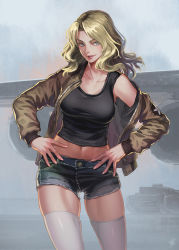 Rule 34 | 10s, 1girl, aircraft, airplane, blonde hair, blue eyes, breasts, c-5m super galaxy, collarbone, cowboy shot, fog, girls und panzer, hands on own hips, head tilt, highres, jacket, kay (girls und panzer), kws, lips, long hair, looking to the side, military, military vehicle, motor vehicle, navel, shorts, skindentation, smile, solo, tank, tank top, thigh gap, thighhighs, walking