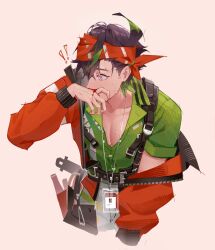 Rule 34 | !, 1boy, arknights, bandana, black hair, blood, bryophyta (arknights), cattie art, colored tips, commentary, cropped legs, flipped hair, green shirt, hand up, highres, id card, jacket, looking to the side, male focus, multicolored hair, nosebleed, open clothes, open jacket, open shirt, pants, pectorals, pink background, red bandana, red eyes, red jacket, shirt, short hair, short sleeves, simple background, solo, surprised, sweat, upper body, white pants