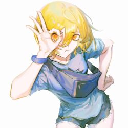 Rule 34 | 1girl, blonde hair, blue shirt, blue shorts, bracelet, cowboy shot, don quixote (project moon), highres, jewelry, limbus company, liyln02617464, looking at viewer, ok sign, ok sign over eye, parted lips, project moon, shirt, short hair, short sleeves, shorts, simple background, solo, white background, yellow eyes