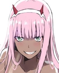 Rule 34 | 10s, 1girl, :d, alternate skin color, bad id, bad twitter id, blush, collarbone, commentary request, dark-skinned female, dark skin, darling in the franxx, eyeshadow, green eyes, hairband, horns, long hair, looking at viewer, makeup, nude, open mouth, pink hair, simple background, smile, solo, tonee, upper body, white background, zero two (darling in the franxx)