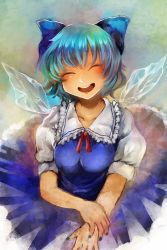 Rule 34 | 1girl, blue bow, blue dress, blue hair, bow, cider niko, cirno, closed eyes, dress, gradient background, hair bow, happy, highres, ice, ice wings, nail polish, open mouth, round teeth, short hair, short sleeves, smile, solo, teeth, touhou, wings