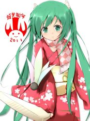 Rule 34 | 10s, 1girl, 2011, blush, green eyes, green hair, hatsune miku, japanese clothes, kimono, long hair, looking at viewer, matching hair/eyes, naka (cheeseyeast), rabbit, scarf, simple background, solo, twintails, vocaloid, white background