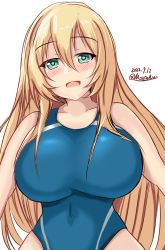 Rule 34 | 1girl, atago (kancolle), blonde hair, blue eyes, breasts, competition swimsuit, highres, kantai collection, large breasts, long hair, montemasa, one-piece swimsuit, simple background, swimsuit, white background