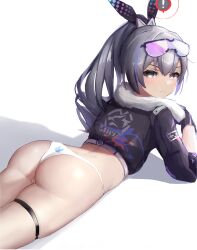 Rule 34 | !, 1girl, ass, bandaid, bandaid on back, black gloves, black jacket, blue hair, closed mouth, commentary request, cropped jacket, drill hair, drill ponytail, from behind, gameplay mechanics, gloves, goggles, goggles on head, grey eyes, grey hair, highres, honkai: star rail, honkai (series), jacket, looking at viewer, looking back, lying, multicolored hair, on stomach, panties, silver wolf (honkai: star rail), simple background, solo, streaked hair, thigh strap, underwear, white background, white panties, wsad4073 (40739983)