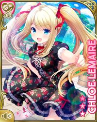 Rule 34 | 1girl, :d, black dress, blonde hair, blue eyes, bow, card, character name, chloe lemaire, dress, girlfriend (kari), hands on own hips, long hair, official art, open mouth, outdoors, qp:flapper, red bow, smile, solo, standing, tagme, twintails, v-shaped eyebrows