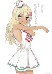 Rule 34 | 1girl, blonde hair, blue eyes, cowboy shot, dress, grecale (kancolle), kantai collection, long hair, looking at viewer, low-cut armhole, one-hour drawing challenge, ribbon, sailor collar, sailor dress, side-tie dress, simple background, sleeveless, sleeveless dress, solo, striped neckwear, tan, translation request, wavy hair, white background, white dress, white ribbon, white sailor collar, yamashichi (mtseven)