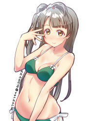Rule 34 | 1girl, bare arms, bare shoulders, bikini, blunt bangs, blush, breasts, brown hair, cleavage, collarbone, green bikini, hair ornament, hairclip, hand up, long hair, looking at viewer, love live!, love live! school idol project, medium breasts, minami kotori, navel, ribbon, side-tie bikini bottom, side ponytail, simple background, skull573, smile, solo, stomach, swimsuit, tareme, upper body, very long hair, white background, white ribbon, yellow eyes