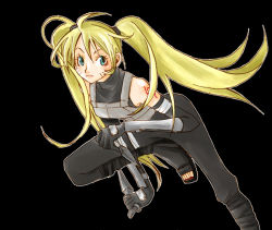 Rule 34 | 1girl, anbu, arm tattoo, armor, artist request, black background, black gloves, black pants, black shirt, blonde hair, blue eyes, blush, breasts, closed mouth, elbow gloves, facial mark, facing viewer, floating hair, genderswap, genderswap (mtf), gloves, hair tie, holding, holding knife, holding kunai, holding weapon, knife, kunai, leg up, long hair, looking at viewer, naruko (naruto), naruto, naruto (series), ninja, pants, sandals, shirt, simple background, sleeveless, sleeveless shirt, solo, tattoo, twintails, uzumaki naruto, weapon, whisker markings, whiskers