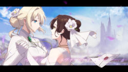 Rule 34 | 2girls, absurdres, amy bartlett, blonde hair, blue eyes, brown hair, changpan hutao, elbow gloves, eye contact, flower, gloves, hair flower, hair ornament, highres, holding hands, jacket, letter, letterboxed, looking at another, multiple girls, smile, upper body, violet evergarden, violet evergarden (series), white gloves, white jacket, yellow eyes