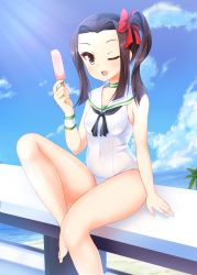 Rule 34 | 1girl, absurdres, adapted uniform, alternate hairstyle, beach, blue sky, blush, bow, brown eyes, brown hair, choker, cloud, cloudy sky, commentary, covered navel, day, food, girls und panzer, green choker, hair bow, hair up, headband, highres, legs, light blush, long hair, looking at viewer, one-piece swimsuit, one eye closed, ooarai school uniform, open mouth, outdoors, palm tree, popsicle, red bow, red headband, ryochapu, saemonza (girls und panzer), sailor collar, sailor swimsuit, school uniform, side ponytail, sidelocks, sitting, sky, smile, solo, swimsuit, tree, white one-piece swimsuit, wristband
