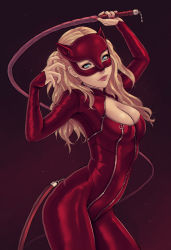 Rule 34 | 10s, 1girl, blonde hair, bodysuit, cat mask, cleavage cutout, closed mouth, clothing cutout, earrings, gradient background, jewelry, lips, looking at viewer, mask, nail polish, persona, persona 5, red background, red bodysuit, red legwear, shiny clothes, solo, soranamae, standing, stud earrings, takamaki anne, twintails, whip, zipper