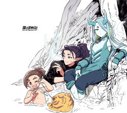 Rule 34 | 4boys, aqua eyes, aqua hair, aqua horns, aqua shirt, black hair, black shirt, brown eyes, brown hair, dated, fengxi (the legend of luoxiaohei), highres, horns, leaf, long sleeves, looking at viewer, luo xiaohei zhanji, luozhu (the legend of luoxiaohei), multiple boys, one eye closed, partially submerged, plant, pointy ears, shadow, shirt, sitting, soaking feet, tianhu (the legend of luoxiaohei), tree, twitter username, vox, xuhuai (the legend of luoxiaohei)