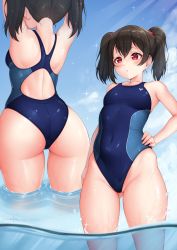 Rule 34 | 1girl, ass, black hair, blue one-piece swimsuit, blush, bow, breasts, competition swimsuit, covered navel, hair bow, hand on own hip, highleg, highres, long hair, love live!, love live! school idol project, multiple views, one-piece swimsuit, partially submerged, partially underwater shot, red eyes, shiny skin, skindentation, solo, standing, swimsuit, thighs, twintails, underwater, unsfrau, wading, water, wet, yazawa nico