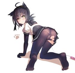 Rule 34 | 10s, 1girl, :d, ahoge, all fours, bad id, bad twitter id, black gloves, black hair, black pantyhose, black skirt, blush, cable, cameltoe, cis (carcharias), clenched hand, clothes writing, egg vibrator, from behind, gloves, hairband, hatsuzuki (kancolle), kantai collection, looking at viewer, looking back, low ponytail, miniskirt, no shoes, open mouth, panties, panties under pantyhose, pantyhose, pantyshot, parted lips, paw print, pleated skirt, pointy hair, sex toy, shadow, short sleeves, simple background, skirt, smile, soles, solo, teardrop, tears, torn clothes, torn pantyhose, underwear, upskirt, vibrator, vibrator under clothes, vibrator under panties, white background, yellow eyes