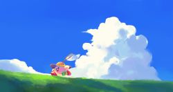 Rule 34 | :d, amedama (akaki 4207), blue eyes, blue sky, blush stickers, butterfly net, cloud, cloudy sky, commentary request, day, from side, grass, hand net, happy, hat, highres, holding, holding butterfly net, kirby, kirby (series), nintendo, no humans, open mouth, outdoors, pouch, running, shoes, sky, smile, solo, straw hat, summer