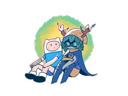 Rule 34 | 1boy, 1girl, adventure time, antlers, blonde hair, blue shirt, blue shorts, boots, closed mouth, colored sclera, colored skin, domino mask, finn the human, gloves, green eyes, green hair, green sclera, green skin, hat, highres, horns, huntress wizard, leaf, looking at another, mask, mechanical arms, plant hair, rariatto (ganguri), shirt, shorts, simple background, single glove, single mechanical arm, sitting, slit pupils, smile
