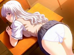 Rule 34 | 1girl, ass, bent over, blush, cameltoe, classroom, clothes lift, desk, dutch angle, from above, from behind, game cg, indoors, leaning, long hair, looking back, misaki ryou, nekonyan, non-web source, open mouth, panties, pleated skirt, purple eyes, sakaagari hurricane, school, school uniform, skirt, skirt lift, solo, sweater vest, thighs, trefoil, underwear, white hair, white panties