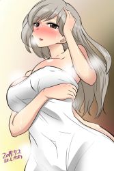 Rule 34 | 10s, 1girl, artist name, blush, breast hold, breasts, breat, brown eyes, commentary request, dated, girls und panzer, hand in own hair, highres, hoshikawa (hoshikawa gusuku), large breasts, light brown hair, long hair, looking at viewer, mature female, naked towel, one-hour drawing challenge, parted lips, shimada chiyo, smile, solo, standing, sweat, towel, upper body, white towel