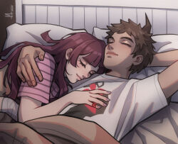 1boy 1girl ahoge arm_behind_head bandaid bandaid_on_hand bed blanket brown_hair closed_eyes closed_mouth commission danganronpa_(series) danganronpa_2:_goodbye_despair eliotvlunogord hetero highres hinata_hajime indoors long_hair lying on_back on_side shirt short_sleeves sleeping smile striped_clothes striped_shirt tsumiki_mikan white_shirt