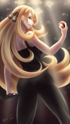Rule 34 | 1girl, 2021, absurdres, ass, back, bare arms, bare shoulders, black pants, black tank top, breasts, creatures (company), cynthia (pokemon), earrings, floating hair, from behind, game freak, hair ornament, hair over one eye, hand up, highres, holding, holding clothes, holding jacket, holding poke ball, jacket, jewelry, long hair, looking back, nintendo, panko (chan8191), pants, parted lips, poke ball, poke ball (basic), pokemon, pokemon dppt, profile, signature, solo, stud earrings, tank top, unworn jacket, very long hair, yellow eyes