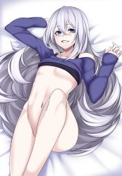 Rule 34 | 1boy, absurdres, arm up, ass, bare shoulders, bed sheet, black tank top, blue eyes, blue skirt, blush, clothes lift, hair between eyes, highres, hz (666v), long hair, lying, male focus, navel, on back, original, parted lips, scar, silver hair, skirt, smile, solo, tank top, teeth, trap