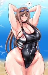 Rule 34 | 1girl, :o, ?, absurdres, armpits, arms behind head, arms up, black one-piece swimsuit, blush, breasts, cleavage, competition swimsuit, covered navel, curvy, goddess of victory: nikke, highleg, highleg swimsuit, highres, large breasts, legs, light brown hair, long hair, one-piece swimsuit, orange eyes, outdoors, plump, rapi (classic vacation) (nikke), rapi (nikke), shiny skin, solo, source request, standing, swimsuit, thick thighs, thighs, tiptoes, toenails, toes, wet, wide hips, yasumon