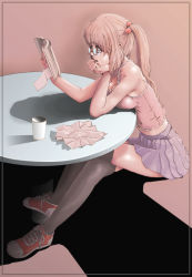 Rule 34 | 1girl, bad id, bad pixiv id, book, breast rest, breasts, cleavage, crossed legs, crying, crying with eyes open, cup, glasses, hair bobbles, hair ornament, legs, lips, long hair, open book, original, pink eyes, pink hair, reading, shoes, sitting, skirt, sneakers, solo, sukabu, table, tank top, tears, thighhighs, twintails, zettai ryouiki