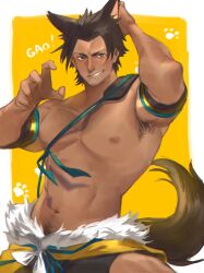 Rule 34 | 1boy, abs, animal ears, animal hands, armlet, armpit hair, armpits, bara, black hair, black shorts, blush, brown eyes, check copyright, chest hair, claw pose, copyright request, cowboy shot, dark-skinned male, dark skin, fur trim, gao, grin, hand on own head, hand up, highres, large pectorals, looking at viewer, male focus, muscular, muscular male, navel, navel hair, nipples, original, partitio yellowil, pectorals, short hair, shorts, sideburns, smile, solo, stomach, tail, topless male, tuffy 0317, wolf boy, wolf ears, wolf tail