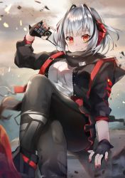 Rule 34 | 1girl, absurdres, arknights, black footwear, black gloves, black hair, black jacket, black pantyhose, black scarf, black skirt, blush, breasts, carrying, closed mouth, commentary, controller, cowboy shot, crossed legs, debris, detonator, fingerless gloves, gloves, grey sky, highres, horn ornament, horns, huge filesize, jacket, kyoro ina, looking at viewer, medium breasts, miniskirt, multicolored hair, nail polish, open clothes, open jacket, outdoors, pantyhose, red eyes, red hair, red nails, remote control, scarf, shirt, shoes, short hair, silver hair, sitting, skirt, sky, smile, solo, streaked hair, unzipped, w (arknights), white shirt