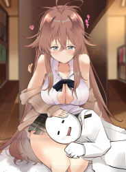 Rule 34 | 1boy, 1girl, azur lane, blue eyes, blurry, blurry background, blush, bookshelf, breasts, brown hair, cleavage, closed mouth, collarbone, commander (azur lane), commentary request, hair between eyes, highres, impero (azur lane), lap pillow, large breasts, library, messy hair, school uniform, sleeping, thighs, tonchinkan