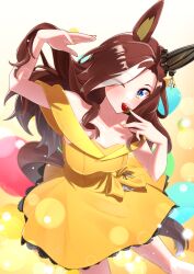 Rule 34 | 1girl, absurdres, alternate costume, animal ears, bare shoulders, blue eyes, brown hair, daring heart (umamusume), dress, ear covers, food, freely2327, fruit, highres, horse ears, horse girl, horse tail, long hair, looking at viewer, multicolored hair, off-shoulder dress, off shoulder, one eye closed, single ear cover, solo, strawberry, streaked hair, tail, umamusume, white hair, yellow dress