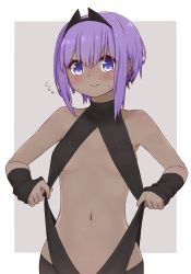 Rule 34 | 1girl, bare shoulders, black bodysuit, blush, bodysuit, breasts, center opening, closed mouth, dark-skinned female, dark skin, fate/prototype, fate/prototype: fragments of blue and silver, fate (series), flying sweatdrops, grey background, hair between eyes, hassan of serenity (fate), i.u.y, looking at viewer, navel, outside border, pulling own clothes, purple eyes, purple hair, sidelocks, small breasts, solo, two-tone background, upper body, white background
