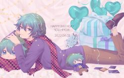 Rule 34 | 1boy, :3, ankle socks, aqua eyes, aqua hair, arm rest, balloon, beanie, blue flower, blue rose, blue scarf, blush stickers, bouquet, box, brown footwear, brown pants, character doll, chibi, closed mouth, confetti, dated, eyes visible through hair, flower, from side, gift, gift box, green hat, hair between eyes, happy birthday, hat, head rest, heart balloon, highres, hiyori sou, jacket, kimi ga shine, layered sleeves, leg up, long sleeves, looking at viewer, lying, male focus, on stomach, pants, parted lips, polka dot, polka dot scarf, purple jacket, red scarf, rose, scarf, shoes, short hair, smile, socks, solo, star (symbol), streamers, uououoon, white socks