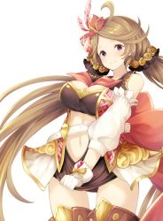 Rule 34 | 10s, 1girl, bare shoulders, belt, blue eyes, blush, boots, breasts, brown hair, cleavage, commentary request, detached sleeves, dress, dress tug, gloves, granblue fantasy, harie (granblue fantasy), hat, large breasts, long hair, looking at viewer, mini hat, navel, solo, thigh boots, thighhighs, tobi-mura, twintails, white gloves