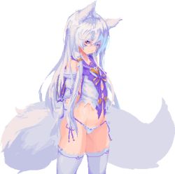 Rule 34 | 1girl, animal ears, arms behind back, bare shoulders, breasts, byakuyoi, closed mouth, detached sleeves, dress, expressionless, facial mark, feet out of frame, female focus, female pubic hair, fox ears, fox girl, fox tail, hair ornament, hand on own arm, head tilt, highres, jewelry, lace, lace-trimmed panties, lace trim, large tail, long hair, looking at viewer, multicolored clothes, nontraditional miko, original, panties, petite, pixel art, pubic hair, pubic hair peek, purple eyes, purple ribbon, ribbon, side-tie panties, sidelocks, small breasts, solo, standing, string panties, tail, thick thighs, thighhighs, thighs, torn clothes, transparent background, underwear, white dress, white hair, white panties, white pubic hair, white thighhighs