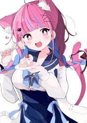 Rule 34 | 1girl, :d, animal ear fluff, animal ears, bad id, bad pixiv id, blue bow, blue bowtie, blue hair, blue skirt, blunt bangs, blush, bow, bowtie, braid, cake, cake slice, cat ears, cat girl, cat tail, commentary, fang, food, fork, french braid, frilled shirt collar, frills, hair ornament, hairclip, high-waist skirt, holding, holding fork, hololive, jacket, long hair, long sleeves, minato aqua, minato aqua (sailor), multicolored hair, nocchi (r ws2l), open clothes, open jacket, open mouth, purple eyes, purple hair, ribbon, sailor collar, sailor shirt, shirt, skirt, smile, solo, streaked hair, suspender skirt, suspenders, tail, tail ornament, tail ribbon, twin braids, twintails, two-tone hair, virtual youtuber, white jacket, white shirt