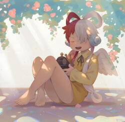 Rule 34 | 1girl, absurdres, asymmetrical wings, barefoot, behind-the-head headphones, black ribbon, blush, closed eyes, den den mushi, dress, hair over one eye, hair rings, headphones, highres, holding, light rays, long hair, mismatched wings, multicolored hair, on floor, one eye covered, one piece, open mouth, plant, red hair, ribbon, seamonsterping, sitting, smile, solo, split-color hair, two-tone hair, uta (one piece), white hair, yellow dress