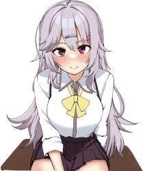 Rule 34 | 1girl, arm at side, blush, bow, brown skirt, c:, closed mouth, collared shirt, commentary request, grey hair, hair between eyes, hair ornament, hairclip, happy, highres, kinoshita kaede, long hair, long sleeves, looking at viewer, pleated skirt, red eyes, school uniform, shirt, sidelocks, simple background, sitting, skirt, smile, solo, straight-on, suspender skirt, suspenders, tenshi souzou re-boot!, tft (tft7822), thick eyebrows, tsurime, very long hair, white background, white shirt, yellow bow