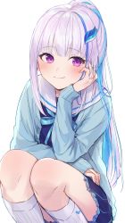 Rule 34 | 1girl, blunt bangs, blush, closed mouth, hand on head, hand on thigh, highres, kneehighs, lize helesta, long hair, looking to the side, multicolored hair, nijisanji, ponytail, purple eyes, sailor collar, simple background, smile, socks, squatting, white background, white hair, yuzutouhu ika
