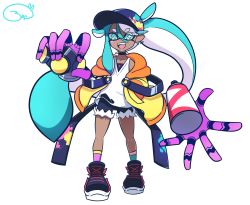 Rule 34 | 1girl, 3rf, absurdres, baseball cap, blue eyes, blue hair, breasts, choker, cleavage, dark-skinned female, dark skin, disembodied hand, earrings, hat, highres, ink tank (splatoon), inkling, inkling girl, inkling player character, isla (kof), jacket, jewelry, light blue hair, long hair, looking at viewer, mask, mask around neck, multicolored hair, nintendo, oversized clothes, pointy ears, ponytail, respirator, solo, splatoon (series), the king of fighters, the king of fighters xv