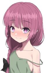 Rule 34 | 1girl, bare shoulders, black bow, blunt bangs, bocchi the rock!, bow, closed mouth, collarbone, commentary, dress, green dress, hair bow, halulu, highres, hiroi kikuri, long hair, looking at viewer, low-braided long hair, low-tied long hair, pink hair, purple eyes, sleeveless, sleeveless dress, smile, solo, strap slip, upper body, white background